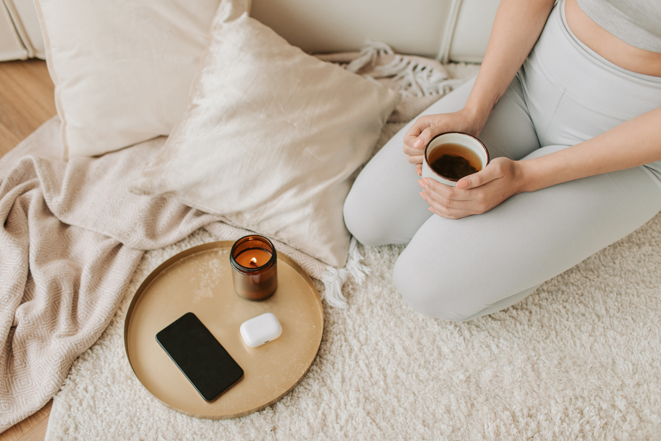 Gadgets, Scented Candle and Woman Holding Cup of Tea